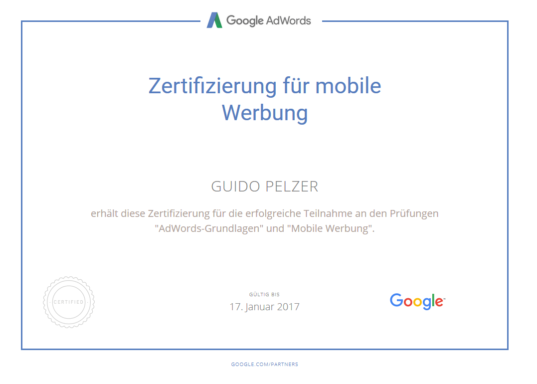 Guido Pelzer- AdWords Mobile Werbung zertifiziert