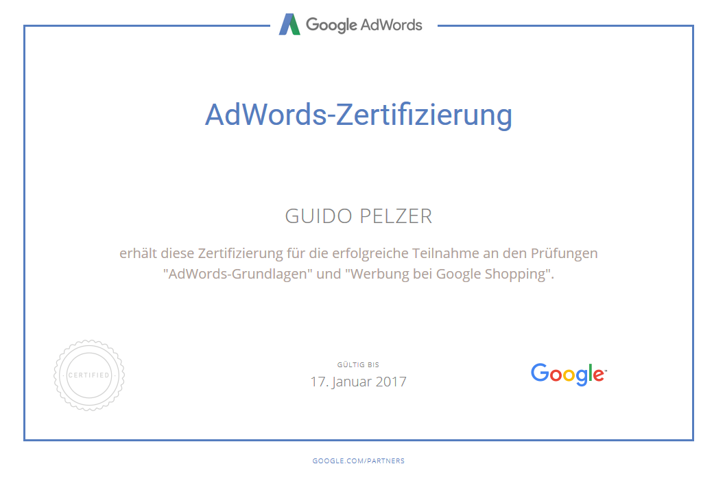 Guido Pelzer- Google Shopping zertifiziert