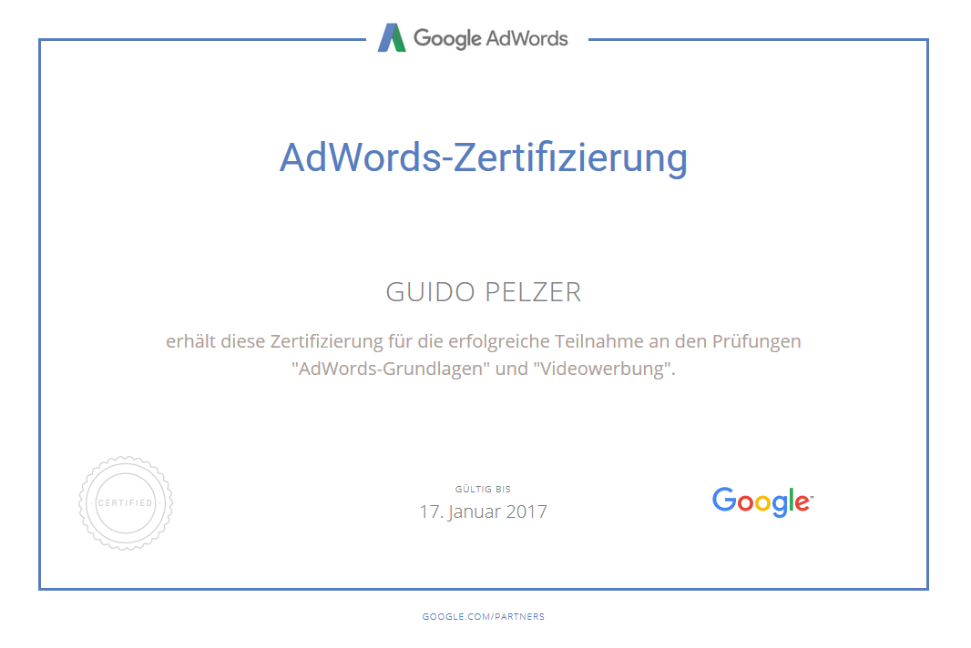 Guido Pelzer- AdWords Videokampagnen zertifiziert
